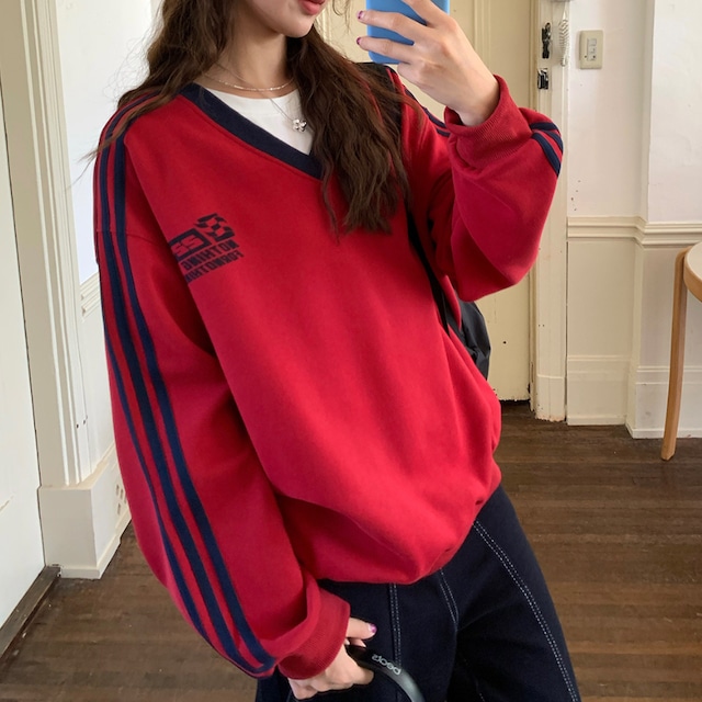 v-neck sleeve line sweatshirt J00196