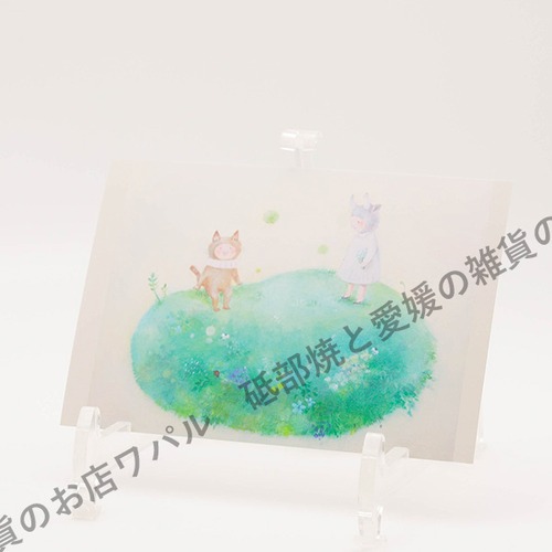 ポストカード おしゃれ かわいい 「まちあわせ」 ハガキ デブ猫ちゃん 絵本作家 かのうかりん 加納果林 karin-post-075