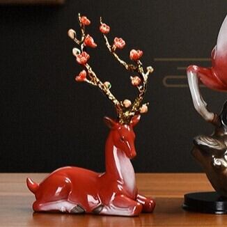 鹿 シカ トナカイ 風水グッズ 花 レッド 赤 富 繁栄 樹脂素材 玄関