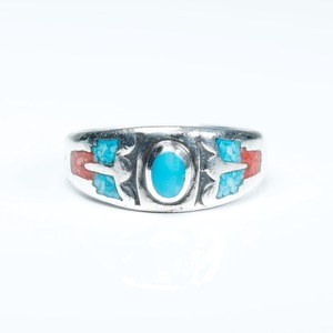 Turquoise × Coral Inlay Silver Ring #17.5  (used)