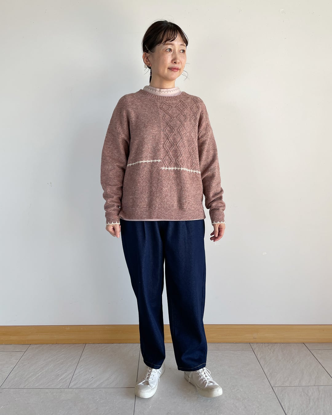 編地切り替えブランケットステッチ入りニットプルオーバー 【KJSX5718