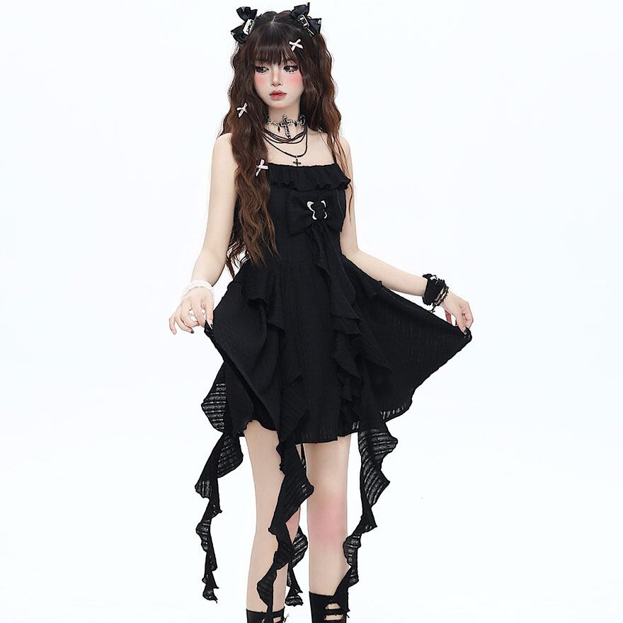 サブカル 服 地雷系 通販 キャミソールワンピース リボン フリル 長袖付き 闇かわいい
