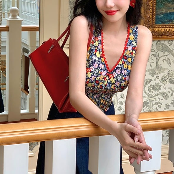 花柄  Vネック シャーリング キャミソール 00439