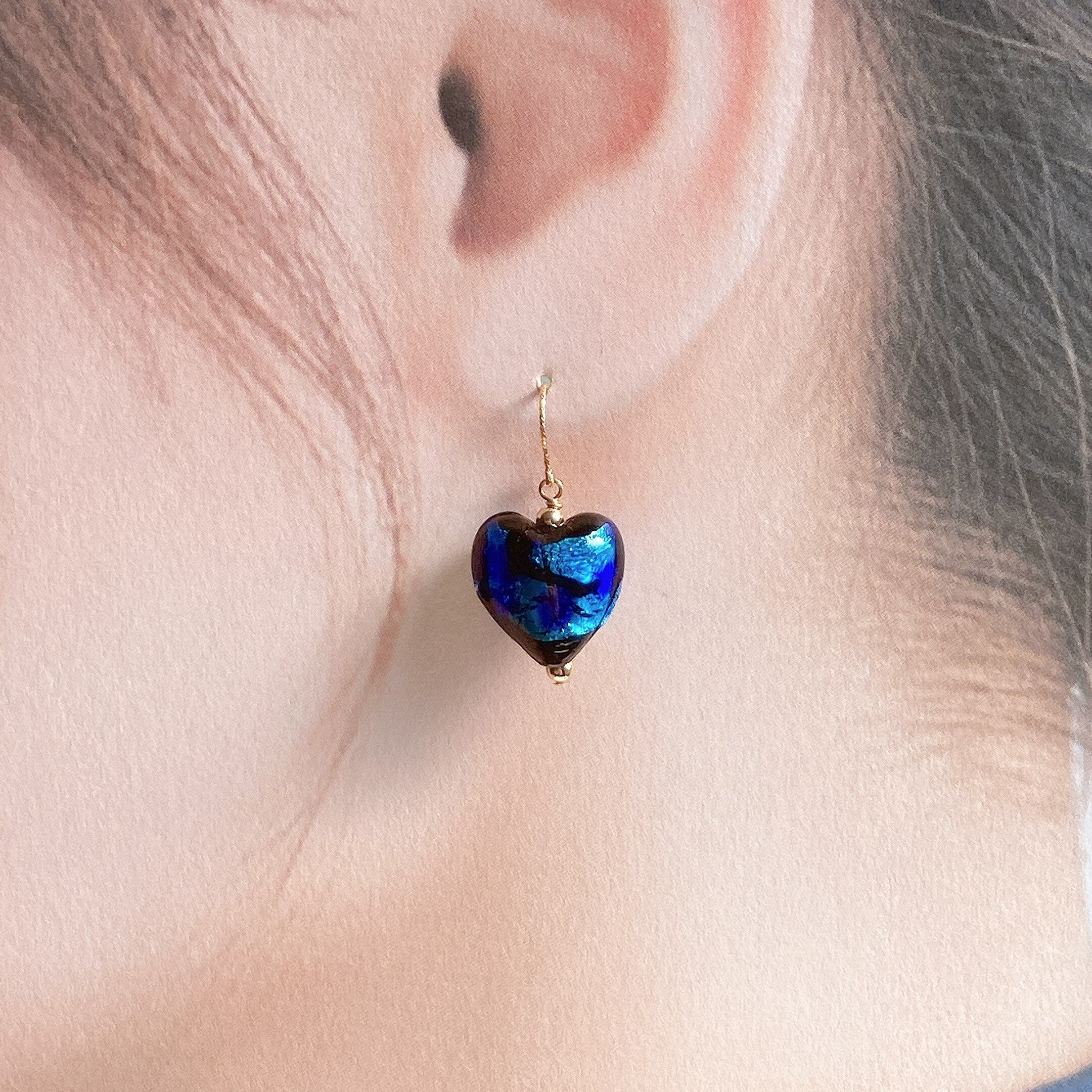 ピアス・イヤリング】14kgf ブルーハート とんぼ玉 / blue heart glass
