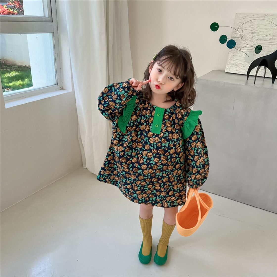花柄ワンピース 春 秋 冬 花柄 レトロ フリル ガーリー フラワー 