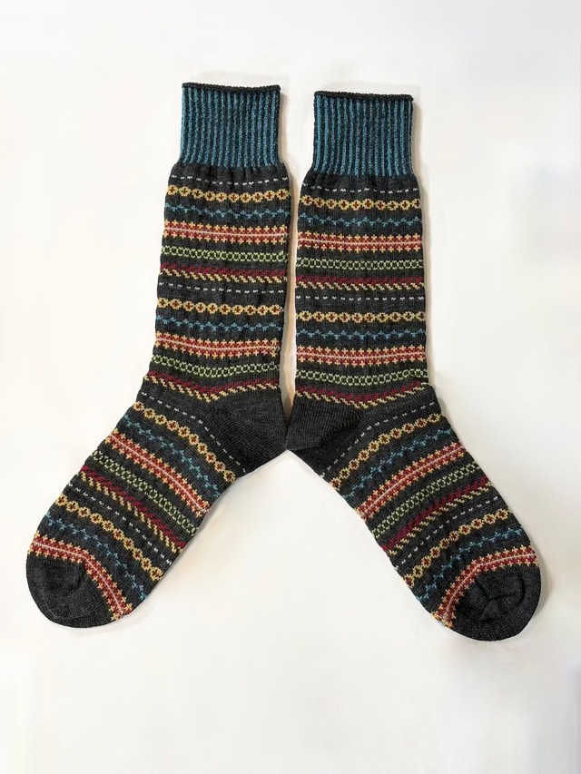 yahae・Wool Fair Isle Socks・Charcoal　4-4038-22