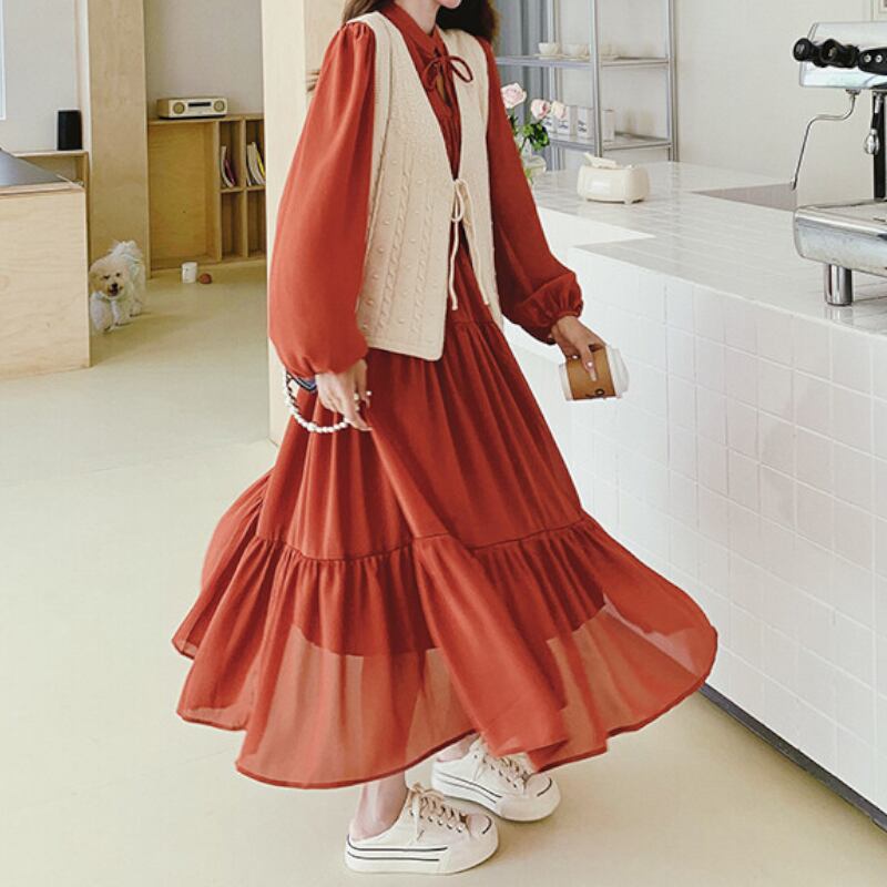 Terracotta Tiered Maxi Dress & Cable Knit Vest Set S0283