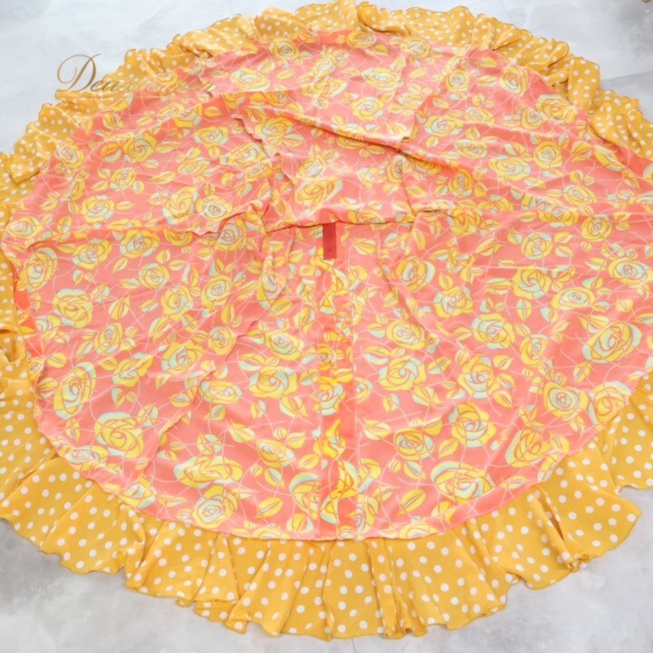 フラメンコ 衣装 エルモサイベリア HERMOSAIBERIA ファルダ スカート ペチコート イエロー系 オレンジ系 黄色 オレンジ 花柄 水玉 ボランテ フリル 軽い 薄い ダンス 発表会 舞台衣装 ステージ衣装