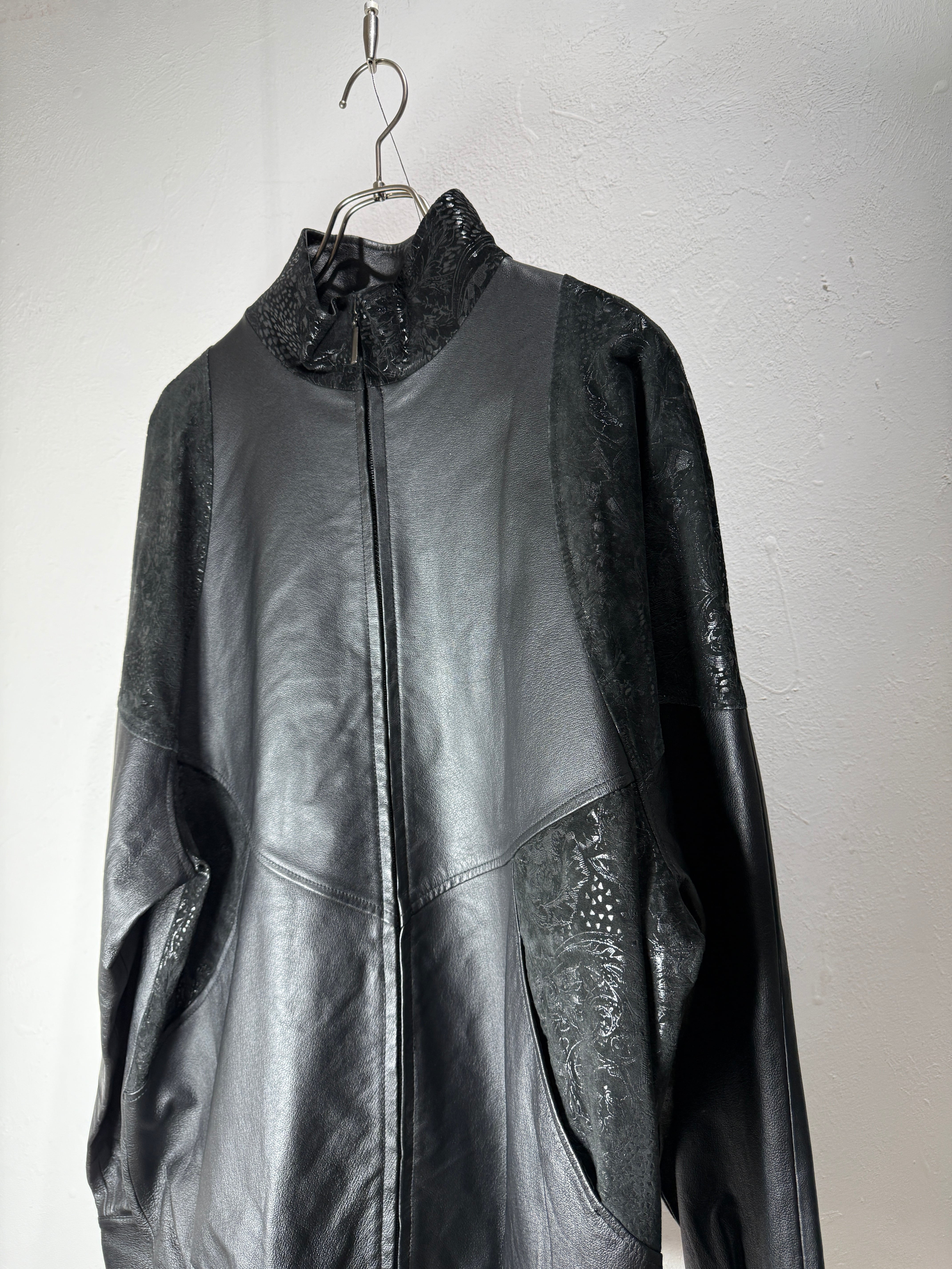 Design Leather Switching Zip Jacket