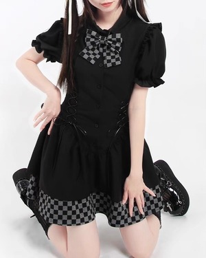 【予約】lace-up check ribbon puff sleeve black one-piece dress