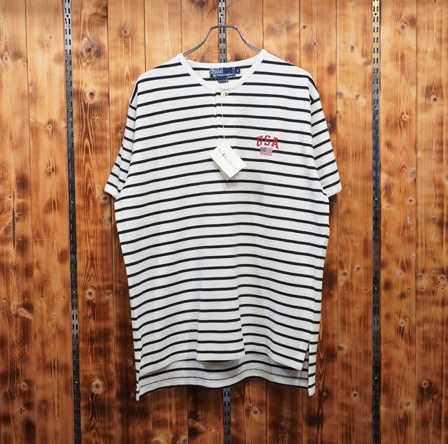 デッドストック タグ付き 90s ralphlauren usaロゴ ヘンリーネック Tシャツ M/ラルフローレン ボーダー