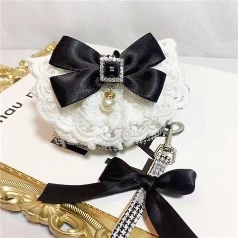 ブラックリボン千鳥格子柄リード&ハーネス 00311