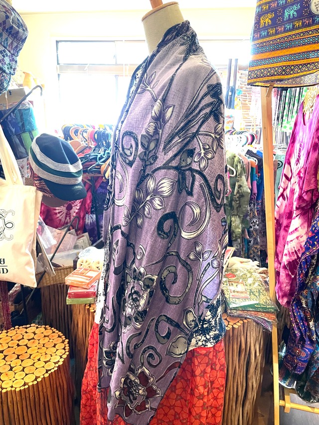 ストール スカーフ ラメスカーフ テーブルランナー ラメ アジアンスカーフ パーティーストール シースルーストール 母の日 エスニック アジアン 花柄 パープル＊ アジアン雑貨