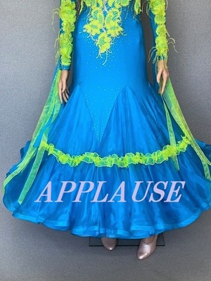 社交ダンス ドレス　スタンダード　モダンドレス　セルリアンブルー　M　ST-22-34 　デモ・競技用ドレス　発表会衣装　パーティドレス　ワンピース　舞台衣装