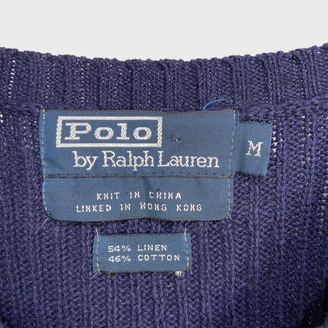 90s ラルフローレン リネンコットンベスト チェック柄 Vネック ベージュ M