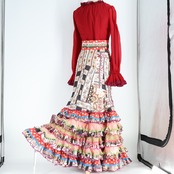 【美品 フラメンコ衣装】レッド SONIA JOHNES ソニアジョーンズ 上下セット ファルダ ブラウス 赤 ボランテ フリル 水玉 花柄 レース ピンク ホワイト 白 紫 薔薇 長袖 袖有り ドット ダンス用 ハイウエスト レディース 発表会