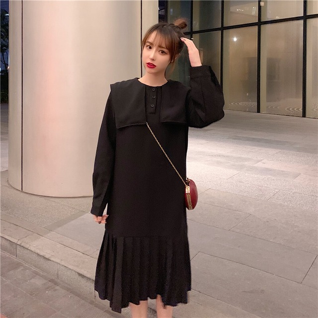 セーラーカラー 膝丈 プリーツワンピース 切替 長袖 ビッグカラー ブラックコーデ ローウエスト シンプル ガーリー 体型カバー 大きいサイズ 春 秋 Rb A09 0001 Redbell