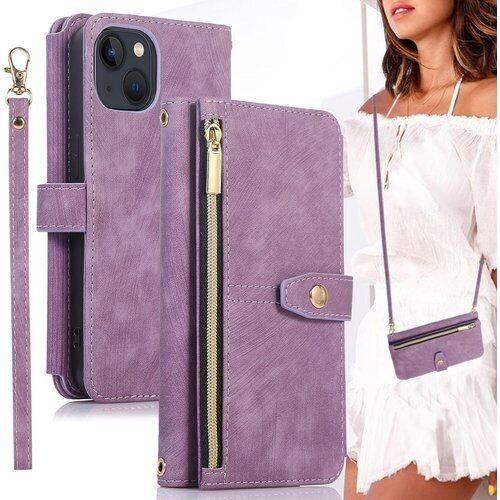 iPhone 15 ケース 手帳型 ショルダー ストラップ 二本同梱 アイフォン 15 手帳ケース アイホン 15 手帳 iPhone15ケース アイホン15 スマホケース iPhone 15ケース ショルダーケース BonwFzin ストラップホール付き カード収納 バッグ マグネット 肩がけ 斜め掛け ファスナー ジッパー ストラップ付き スタンド カード入れ レトロ パープル 3056