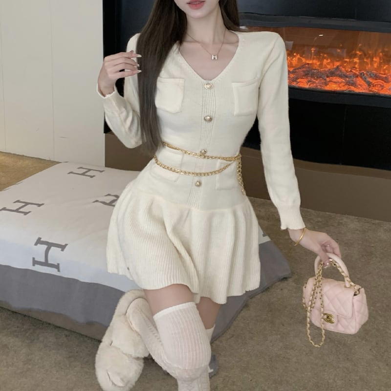 【dress】チェーン付きニットワンピース Q7579