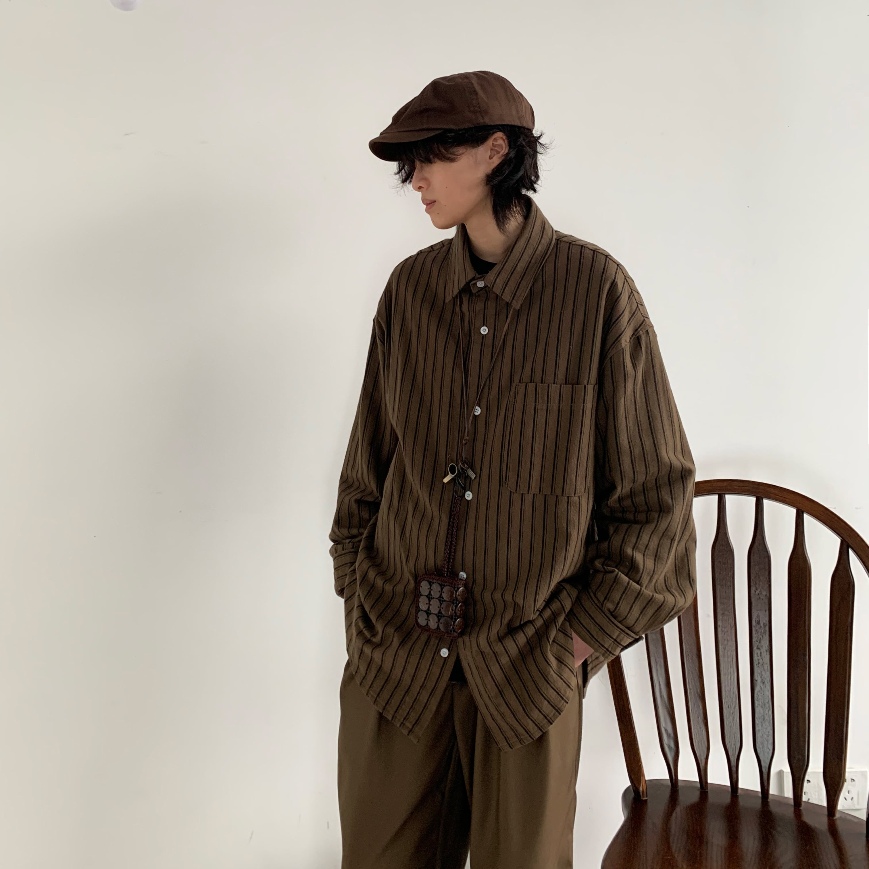 jiwuus深い茶色ストライプ柄長袖シャツ | mblueshop