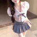 【2点セット】Vネックトップス＋ミニスカート ・66947