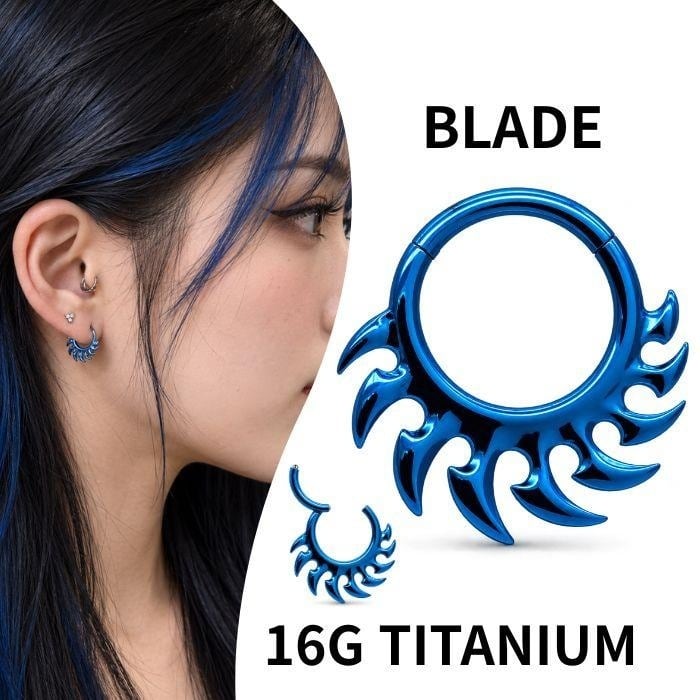 ボディピアス 16G チタン ブルー ブレード フープピアス クリッカー 刃