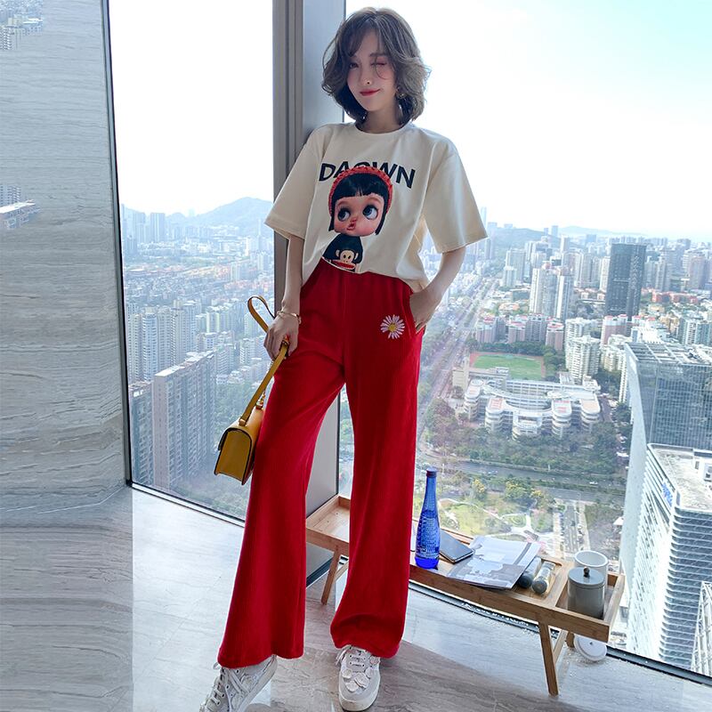 ワイドレッグパンツ コーデュロイ薄手スプリング レッド 刺繍 春物 ワイドパンツ MIUCO12776505903