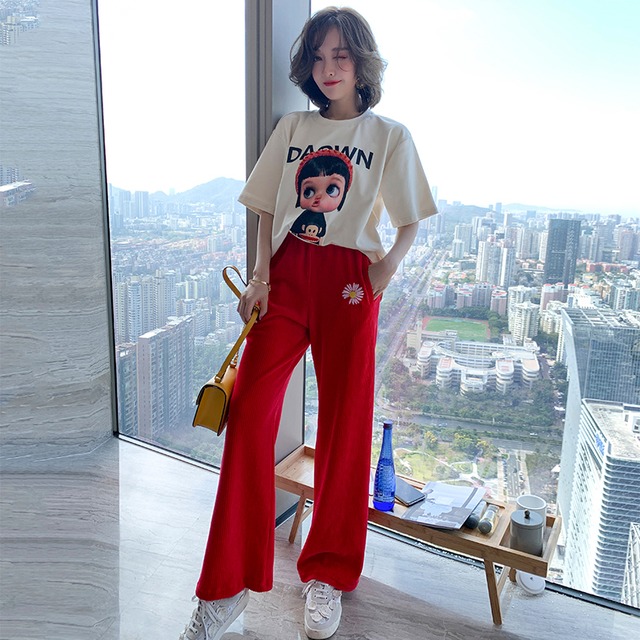 ワイドレッグパンツ コーデュロイ薄手スプリング レッド 刺繍 春物 ワイドパンツ MIUCO12776505903