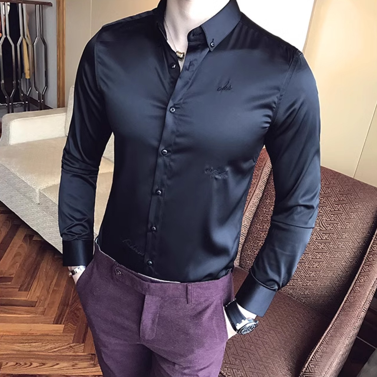 韓国スタイルシルケット加工抗シワノーアイロンサーマルシャツ　SH039