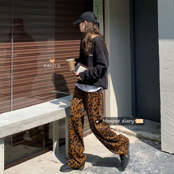 レオパードプリント柄パンツ ハイウェスト薄手カジュアルスプリングルーズ 春物 モンロー1398263447
