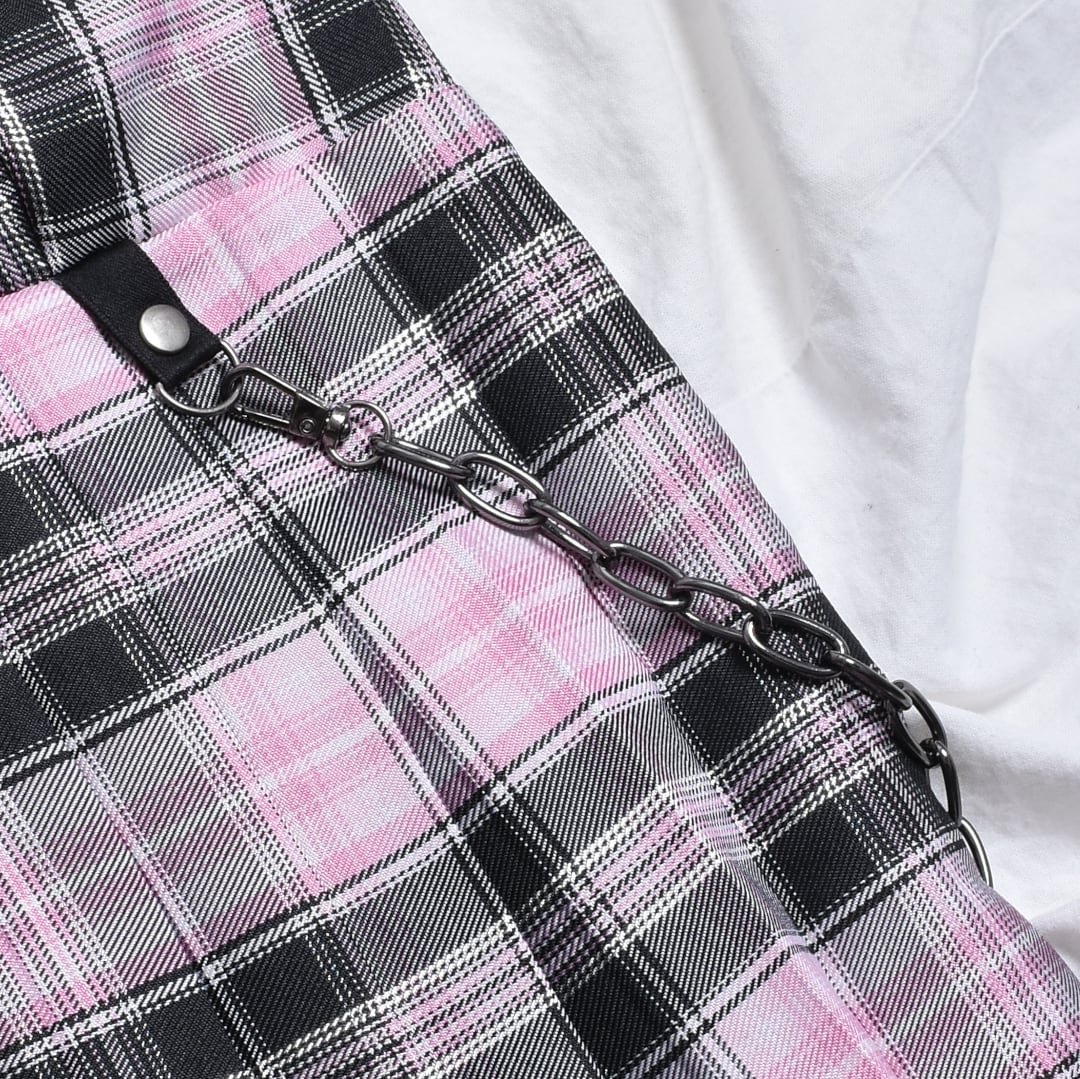 チェーン付き☆チェック肩ベルトワンピース(BLACK・PINK