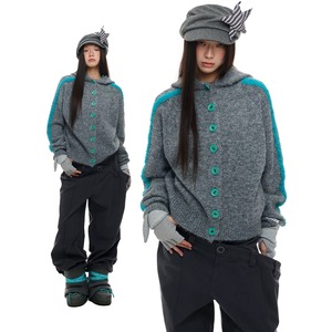 [JIKOO] Buttoned Hooded Knit Sweater