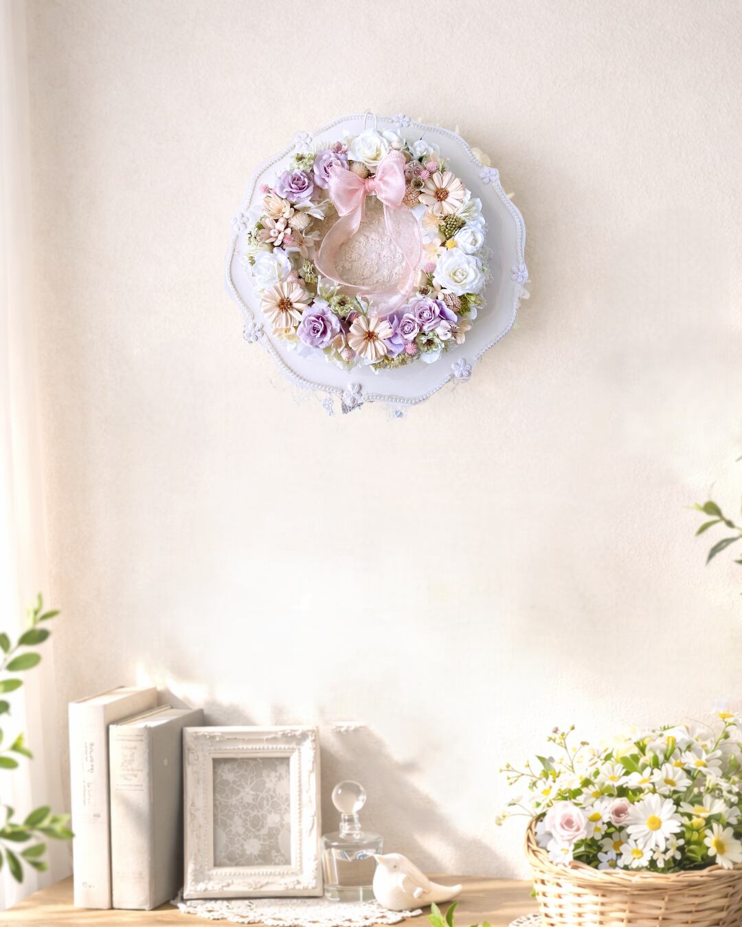 紫陽花とバラの花リース【WR-009】径23㎝│やさしい春色｜インテリア｜ギフトフラワー｜母の日のギフト