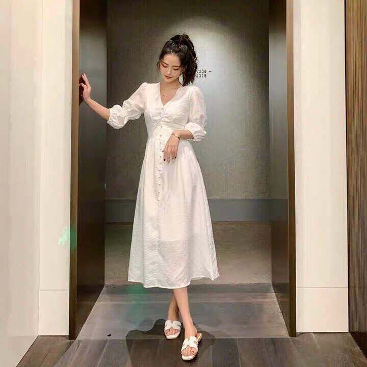 Vネックワンピース パフスリーブ ホワイトワンピース | LILIANA