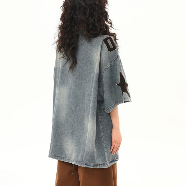 v-neck number denim short sleeve tee　Vネックナンバーデニム半袖ティー　J1039