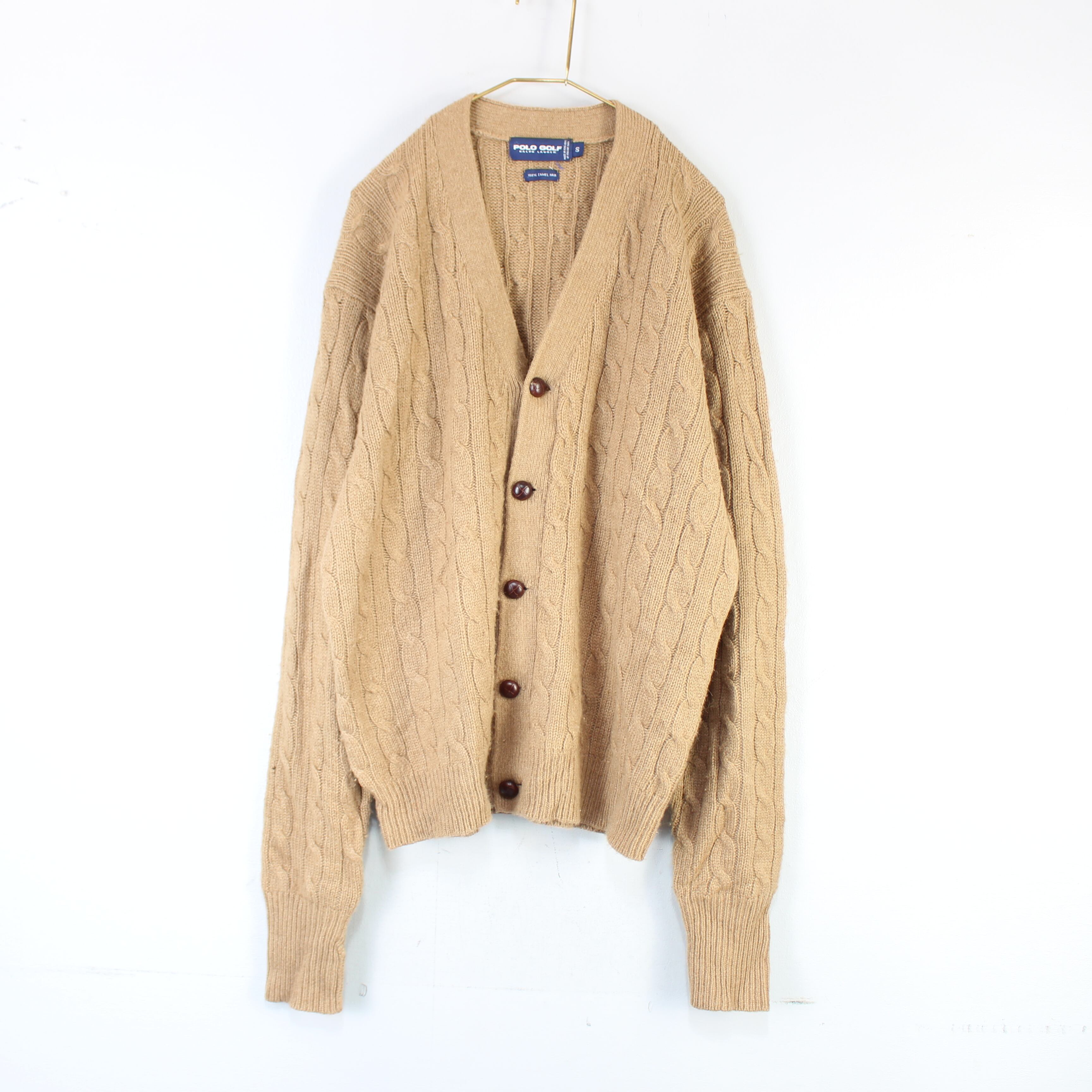 USA VINTAGE POLO GOLF CAMEL100% CABLE KNIT CARDIGAN/アメリカ古着