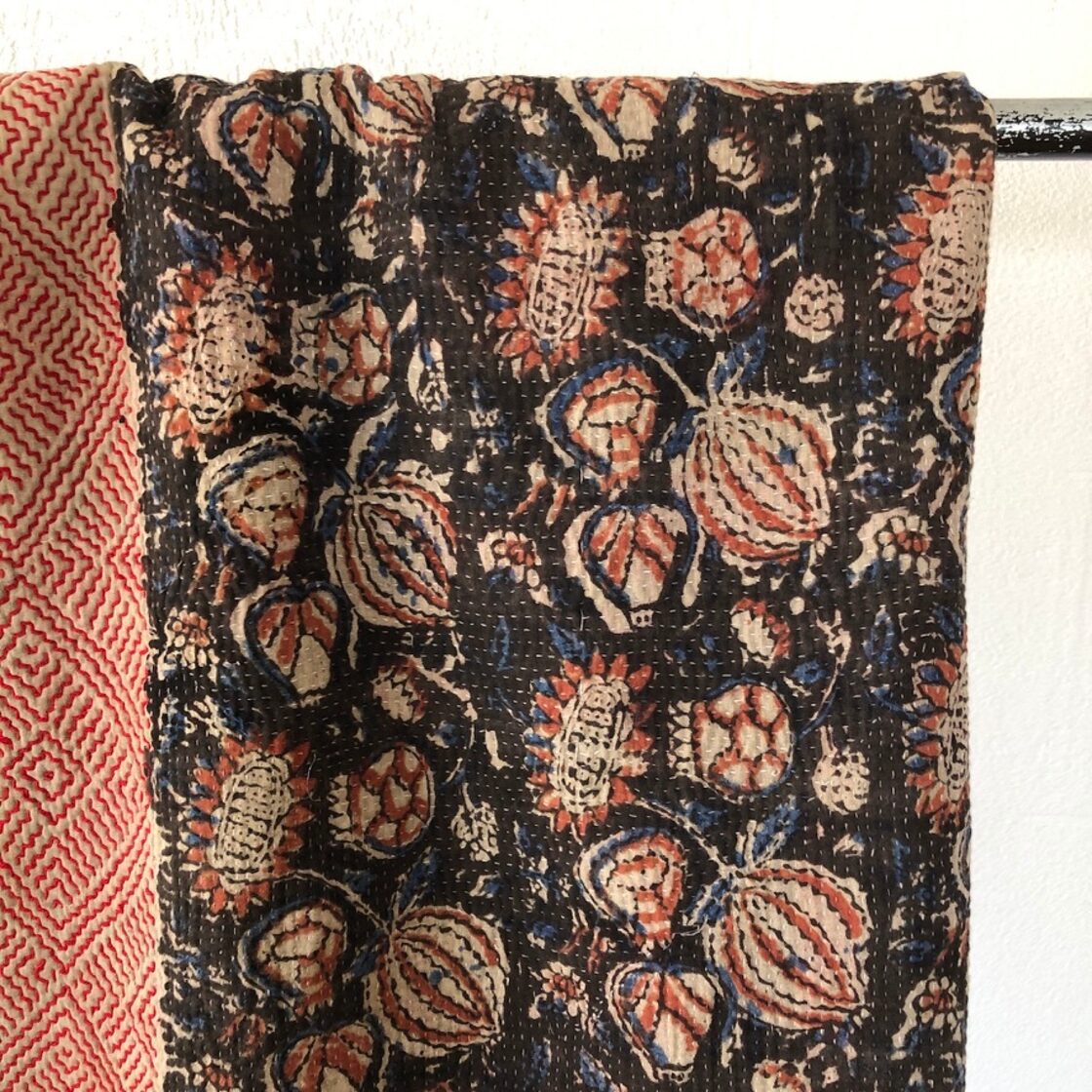 vintage block print kantha quilt navy flower 泥染ブロックプリント 