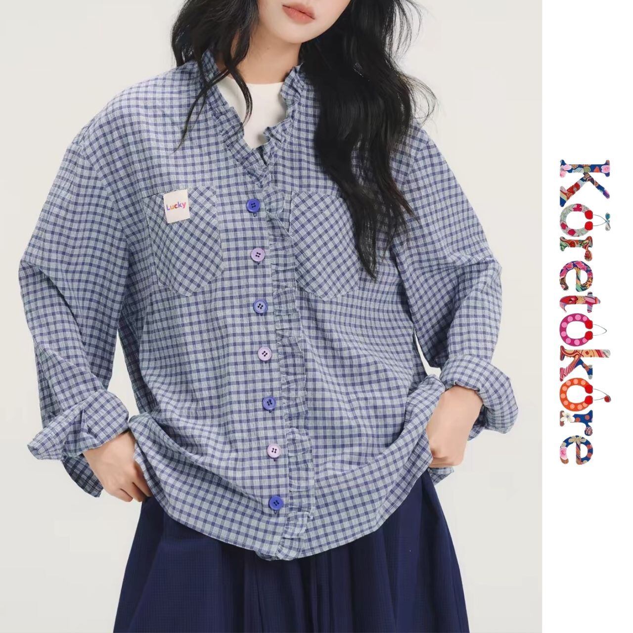 Blue Gingham Frill Blouse A0323