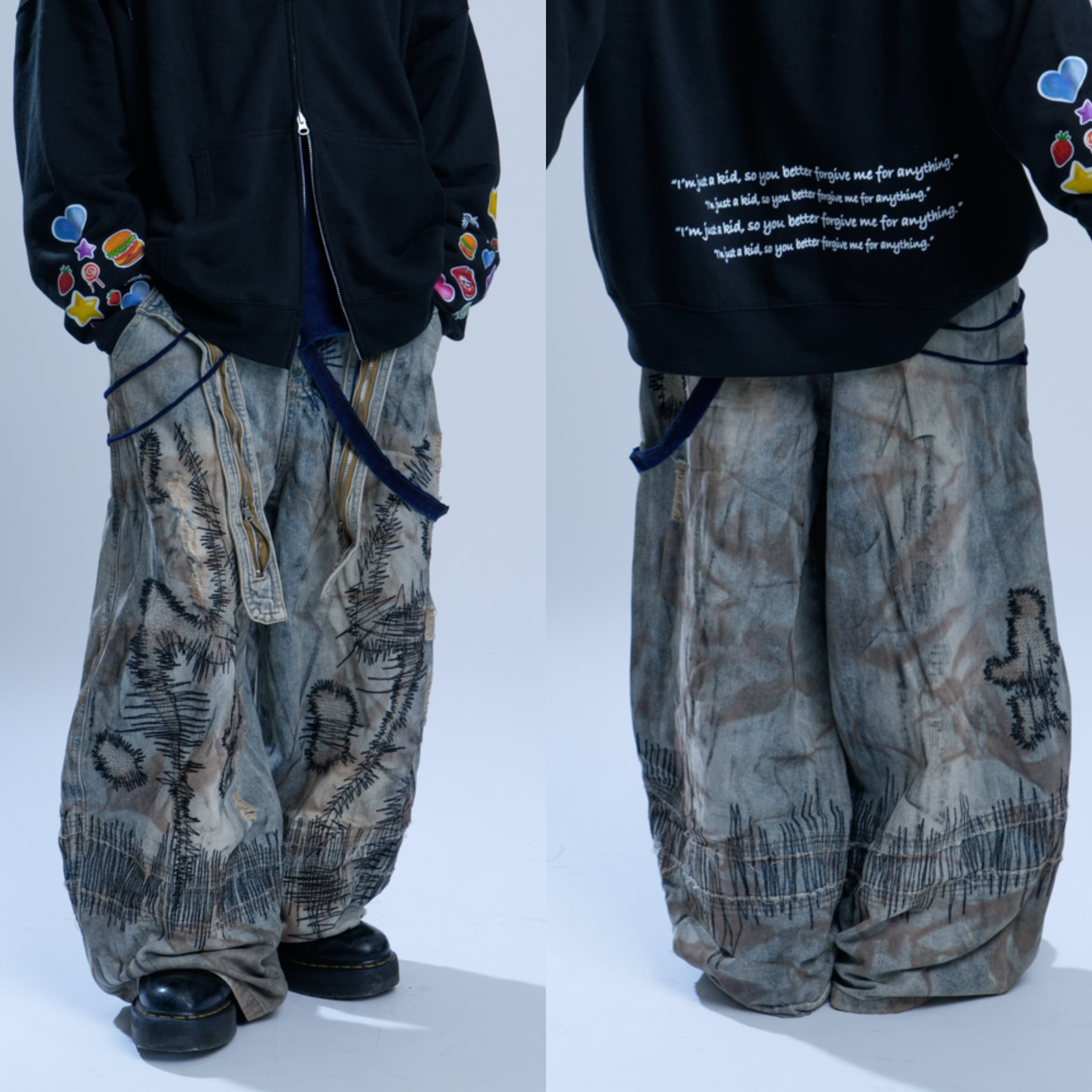 BARCON ツギハギダメージデニムパンツ グランジ Y2K | 韓国系ユニ