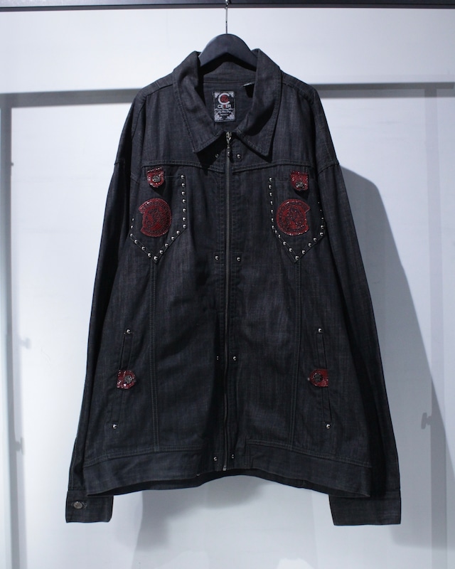 【Caka BLACK】Studs Design Loose Zip Up Denim Jacket