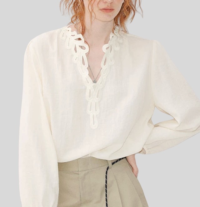 Cutwork Neck Blouse【Cream・Pink・Brown】　202680189
