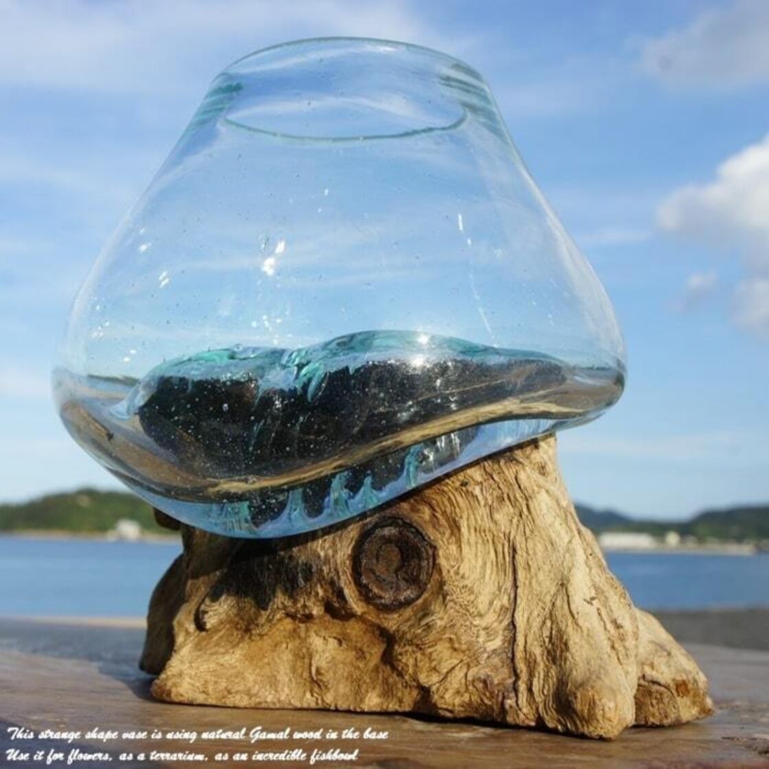 吹きガラスと天然木のオブジェTN 金魚鉢 メダカ 水槽 アクアリウム 