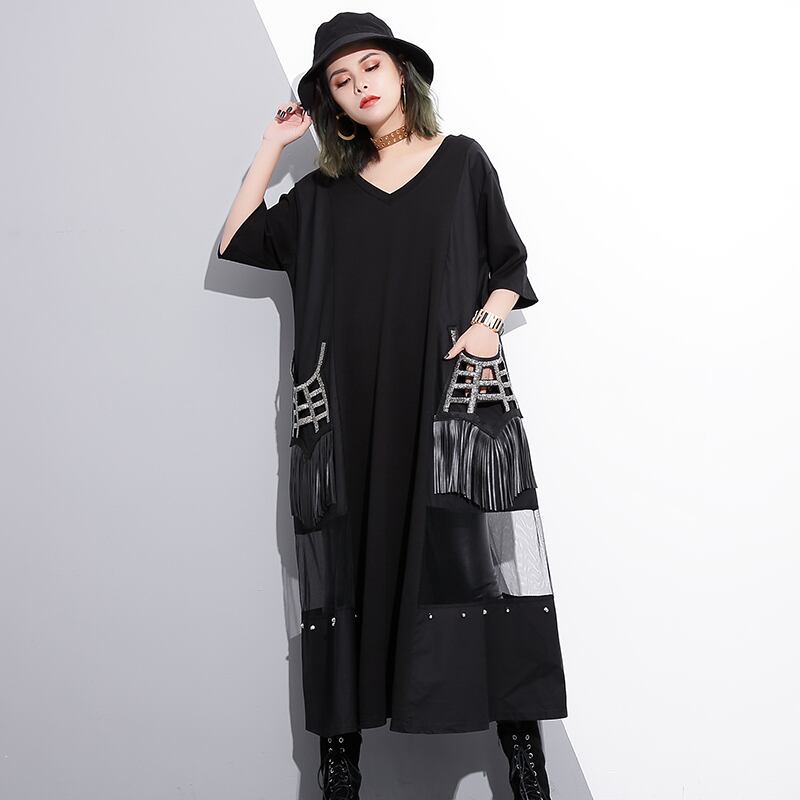 Vネックドレス メッシュレザーポケット半袖スリーブシャツ ハーフスリーブ ステッチ ラブタオタオダレンハウス12226170731