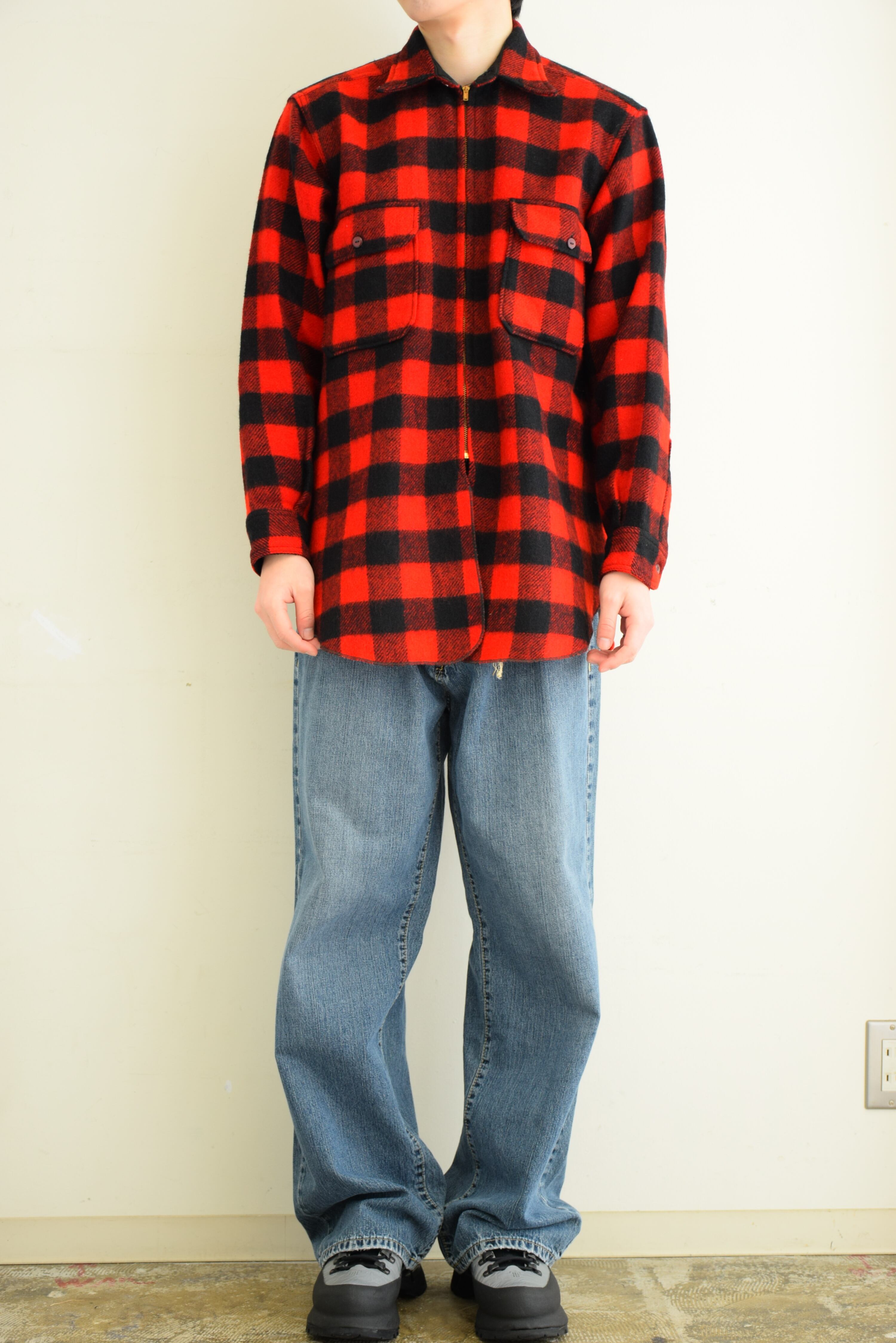 40's Racine ウール フルジップシャツ メンズ レッド ブロックチェック