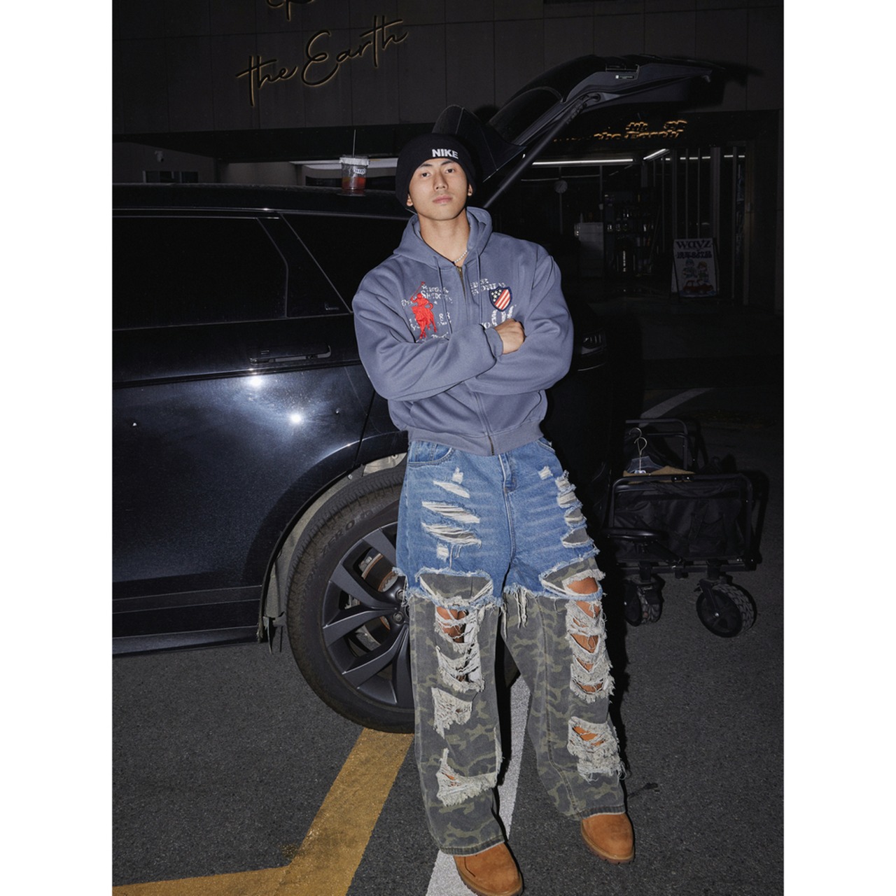 VINTAGE ストリート 裏起毛 刺繍ジップパーカー T1985