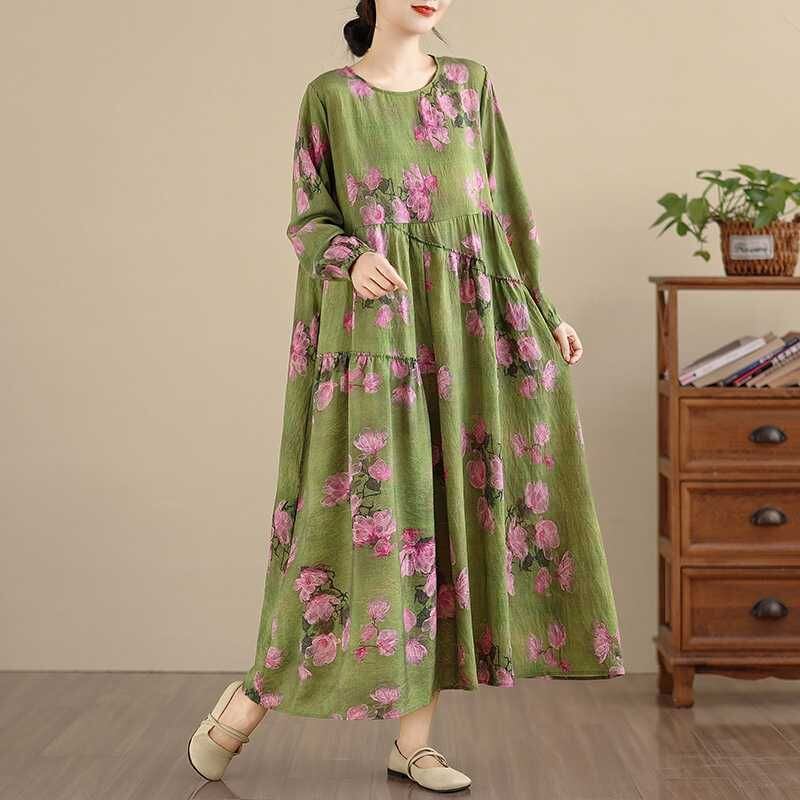 GREEN FLOWER PRINT BOAT NECK A-LINE LONG PULLOVER DRESS 1color M-16033