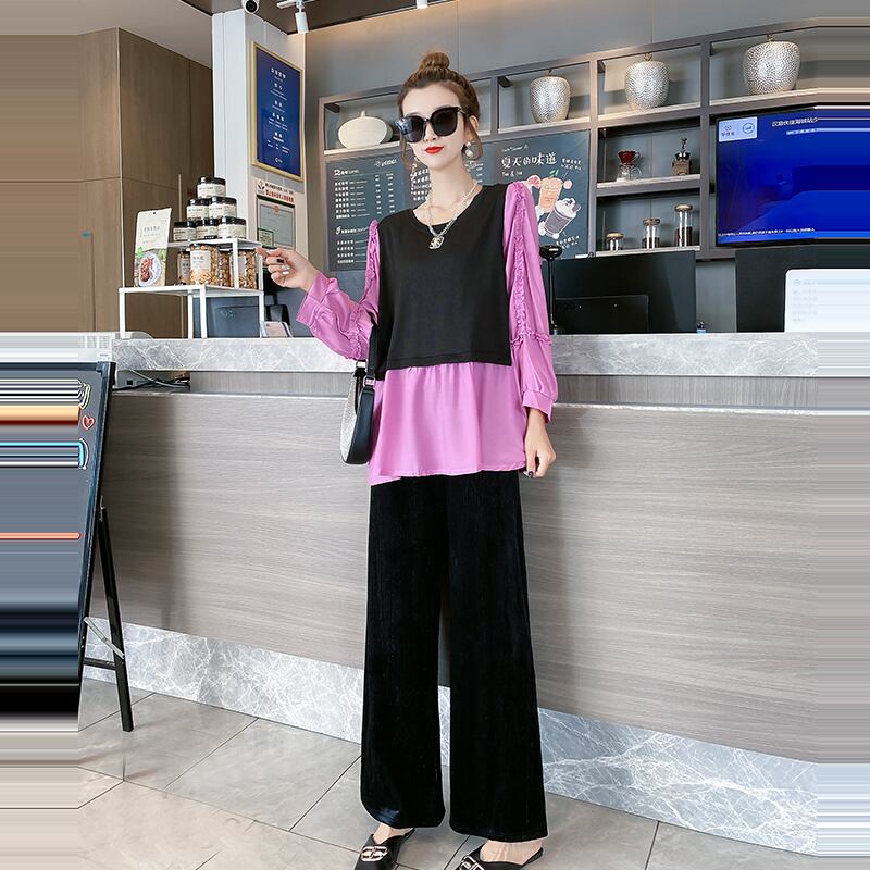 2020年の新しい長袖Tシャツ200kgファットmmルーズで薄いプラスサイズのレディーストップス秋のツーピースワイドレッグパンツトレンド ミックスインファッション6032631494