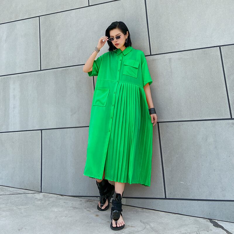 スカート サマースタンダードドレス プリーツシャツ ロング レトロ 夏物 ステッチ ラブタオタオダレンハウス57654719952