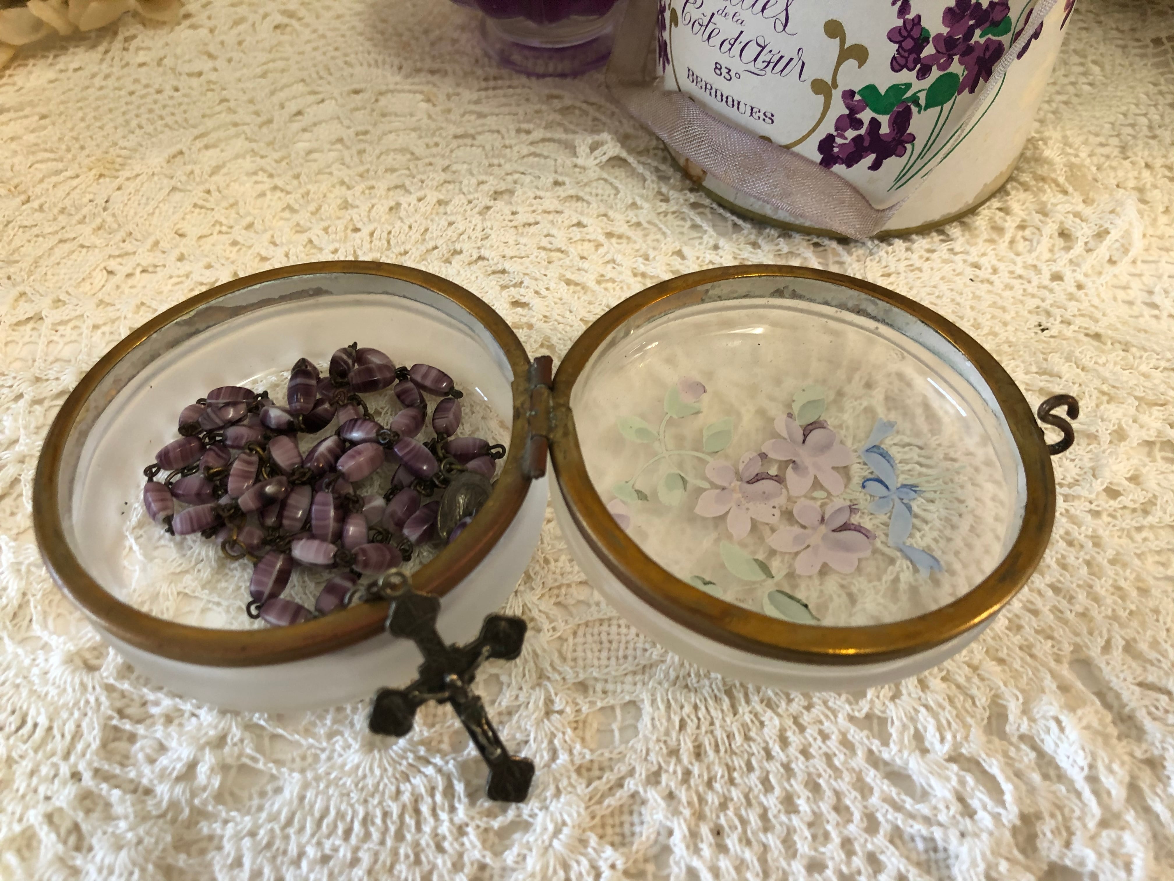 フランス アンティーク スミレ エナメル ガラス パウダージャー | le