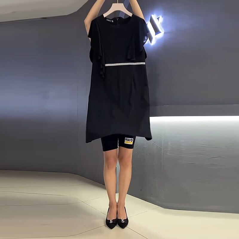 サマードレス ラウンドネックスカート 大きめサイズ 夏物 Oネック ミックスインファッション46969383641